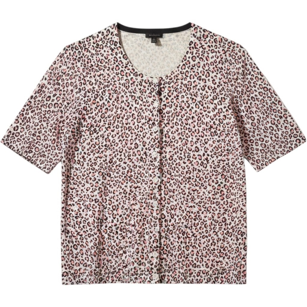 Talbots Womens Pink Leopard Print Short Sleeve Cardigan Sweater Size M New